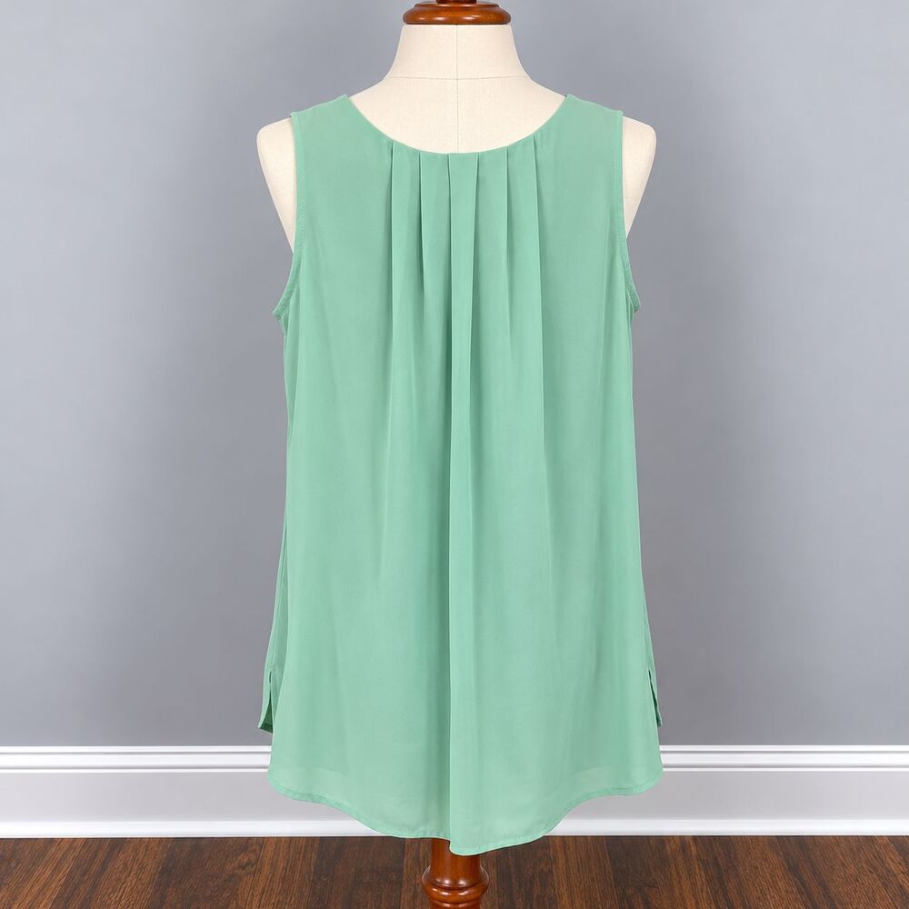 Ann Taylor Loft XS Mint Green Sleeveless Blouse Bronze Zip Hi Low Tunic Top